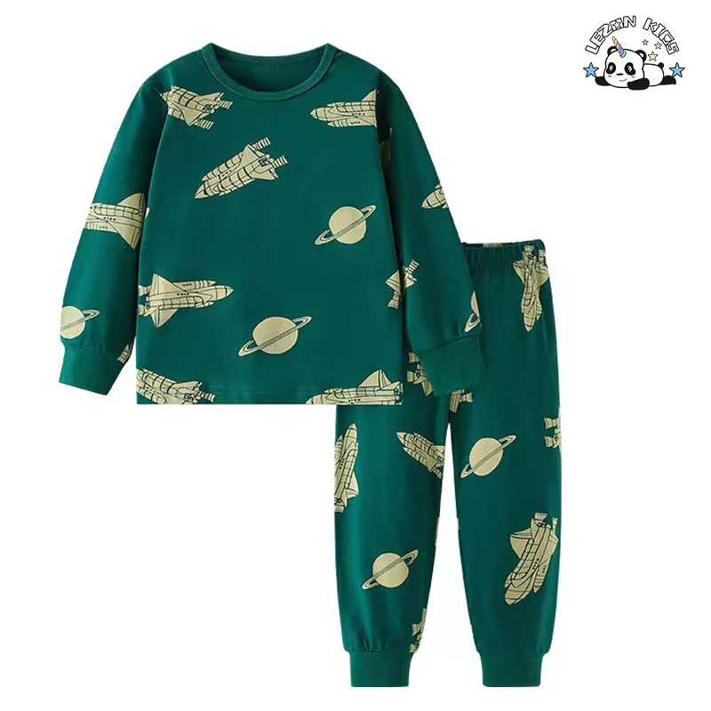 LEZONKIDS - Customizable Kids Street Wear 2PCS Green Spaceship Rocket Printed T Shirt Kids Clothing Boys Sets